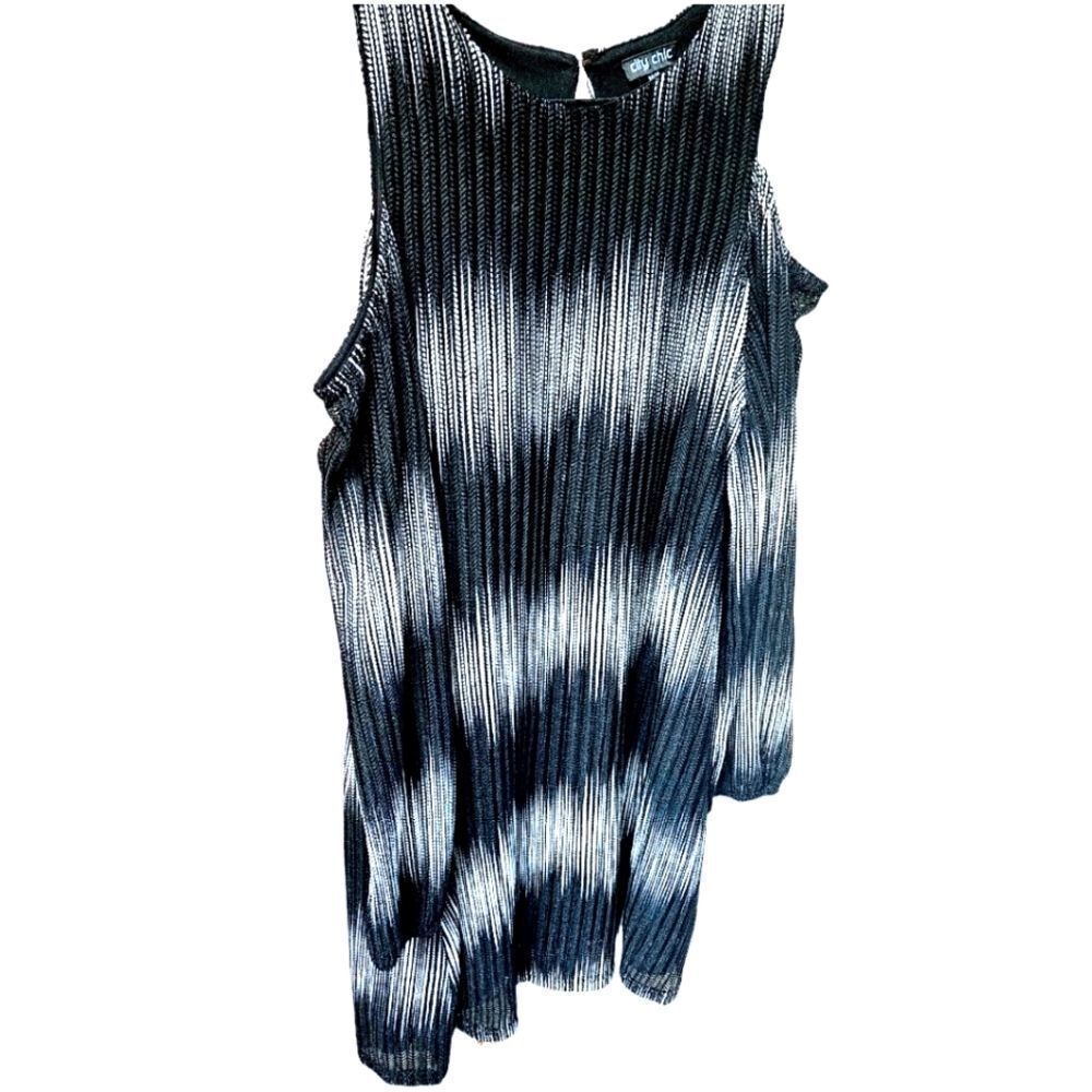 CITY CHICβ Black & Silver Ombre Mesh Knit Long Sleeve Cold Shoulder Shift Dress - Picture 9 of 15